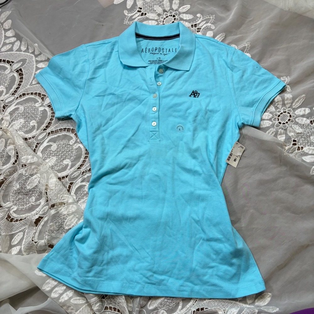 Y2K Aeropostale Teal Turquoise Blue A87 Logo Pique Polo Shirt NWT Size L